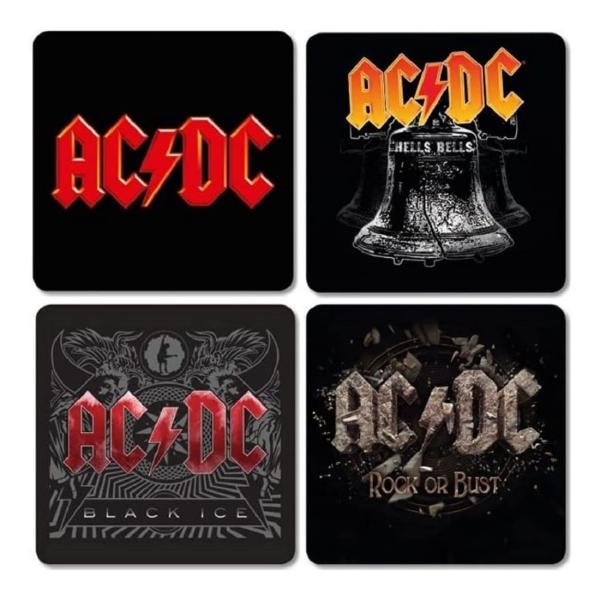 AC DC Untersetzer Coaster 4er Set Black Ice  Rock or Bust Hells Bells Logo Bierdeckel