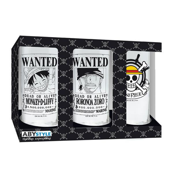 One Piece Gläser 3er Set Wanted Luffy Ruffy Logo Roronoa Zoro Trafalgar