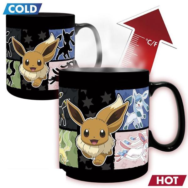 Pokemon Evoli Tasse Evolution XXL Thermoeffekt Kaffeebecher Logo Mug Keramik 460ml Schwarz Geschenkbox