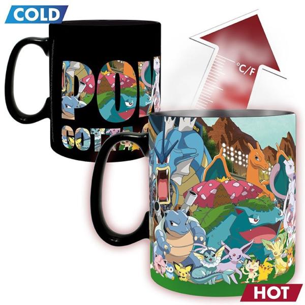 Pokemon Relaxo Tasse Bisasam XXL Thermoeffekt Kaffeebecher Schiggy Logo Mug Gotta catch em all 460ml Schwarz Geschenkbox